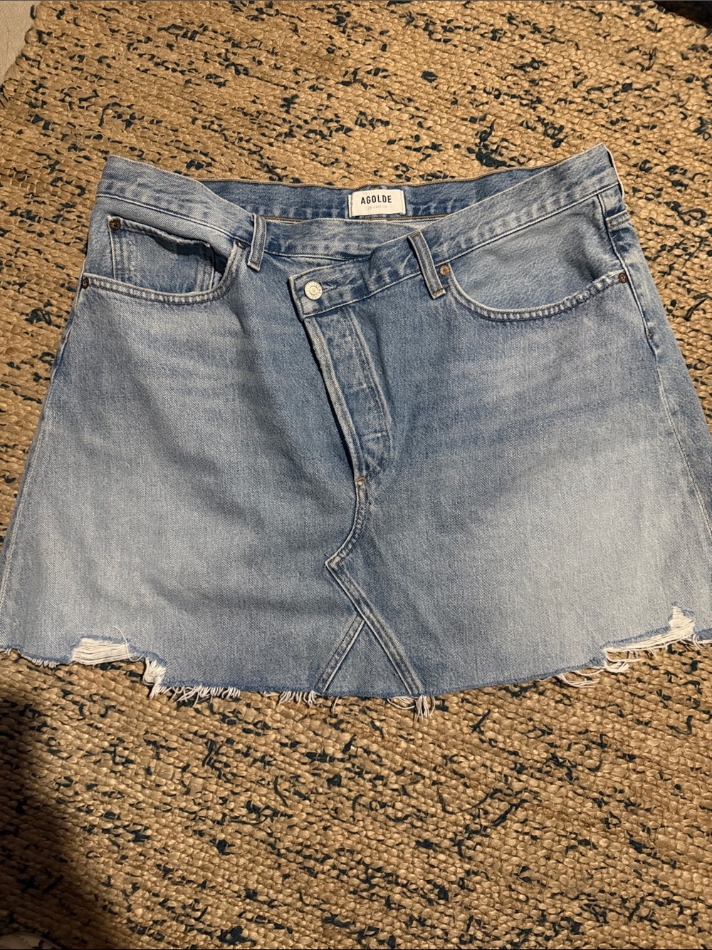 Agolde Light Wash Denim Mini Skirt with Raw Hem